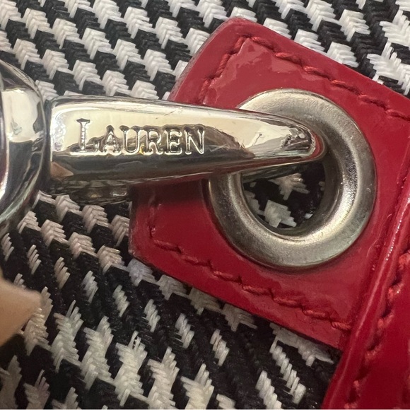 Lauren Ralph Lauren Houndstooth Red Patent Trim Zip Satchel - Picture 2 of 6